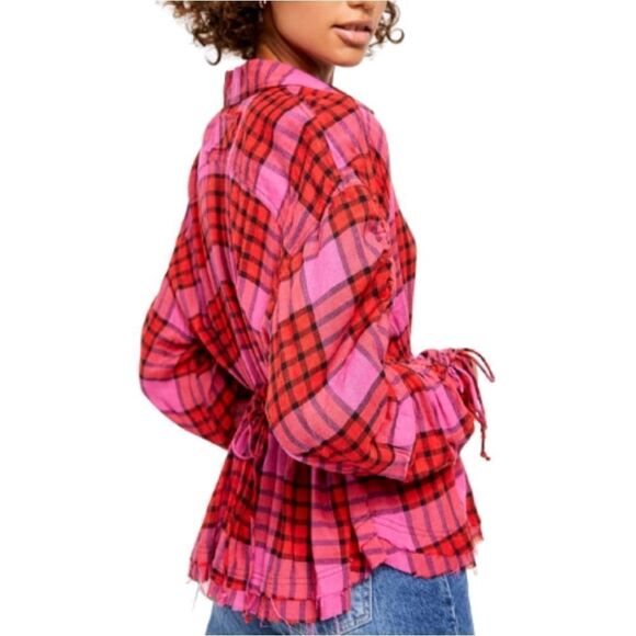 Free PEOPLE Pacific Dawn Plaid Red Combo button Up Wool Blend Top - Picture 2 of 6